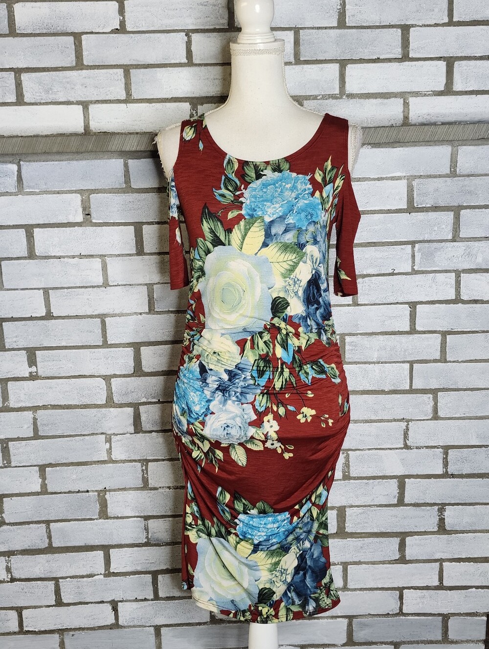Sol & Cielo Women's Cold Shoulder Floral Ruched Midi Dress Small Multicolor - Picture 2 of 11